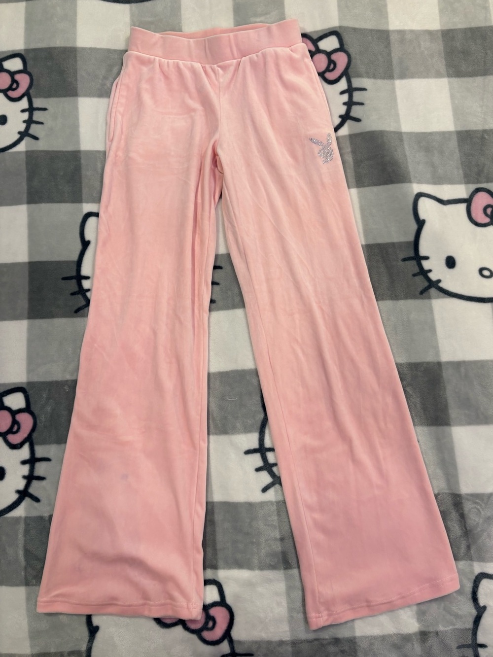 Playboy Pink Velour Rhinestone Bunny Flare Pants
